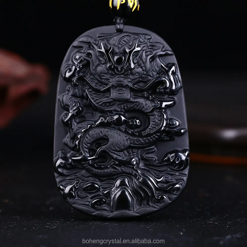 Natural Black Obsidian Carving Draak Geluk Amulet Hanger Ketting Voor Vrouwen Mannen Hangers Jade Sieraden
