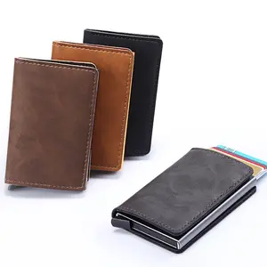 FERMIDO Casing Kartu Kredit Minimalis, Dompet Aluminium Minimalis Penghalang Rfid, Pemegang Kartu Vintage Pu Kuda Gila