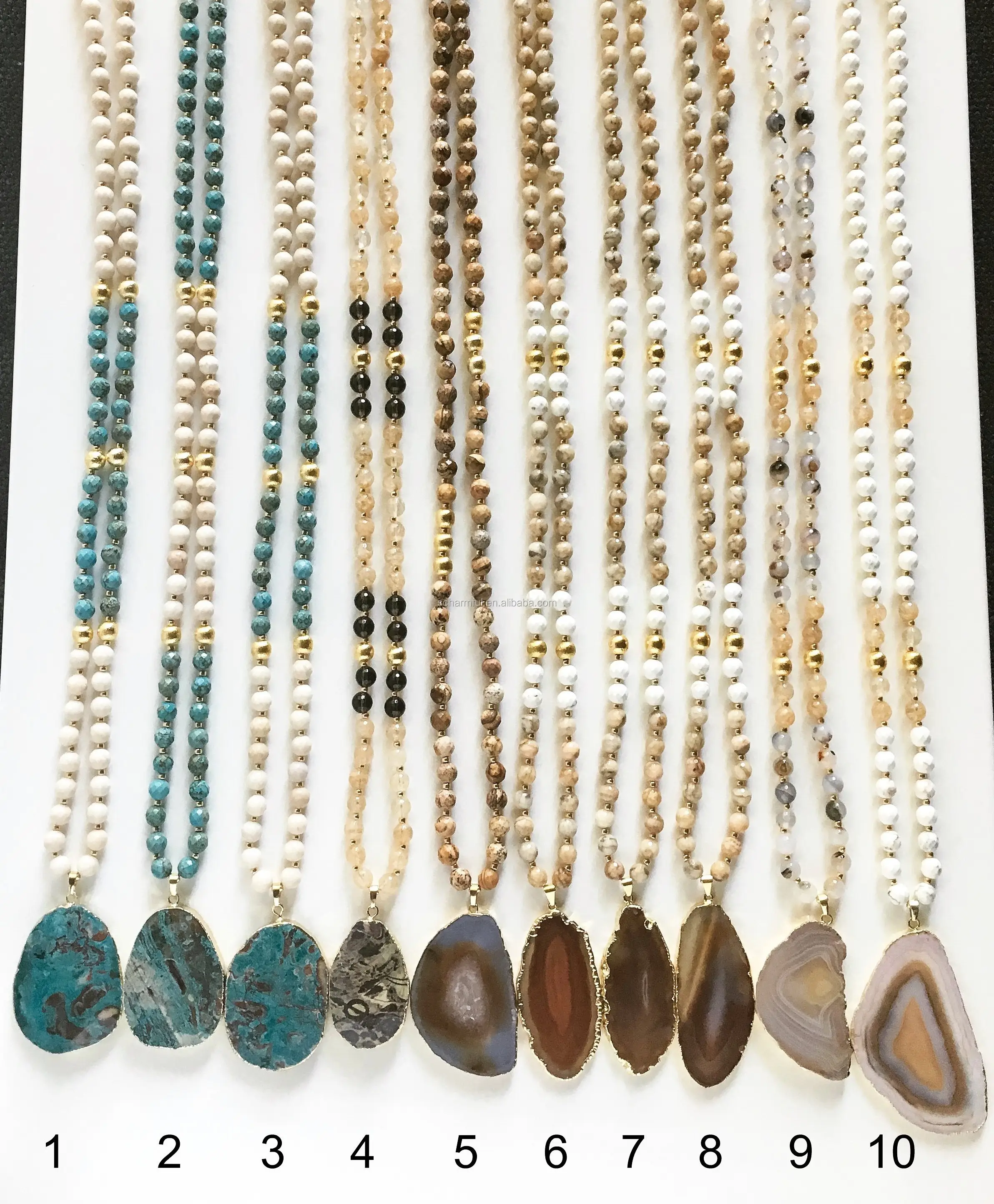 NS0181249 River Stone และ Ocean Jasper ลูกปัดทองชุบรอบ Gold Plated Ball ยาว Boho Ocean Jasper จี้สร้อยคอ