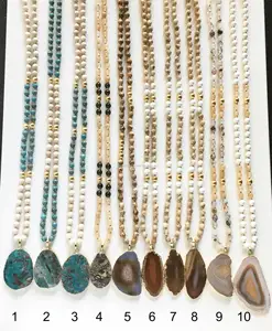 NS0181249 Sungai Batu dan Ocean Jasper Manik-manik Berlapis Emas Bulat Bola Berlapis Emas Panjang Boho Ocean Jasper Liontin Kalung