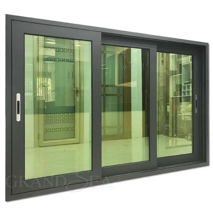 Triple Track Sand Gray Aluminum Double Tempered Glass Sliding Window