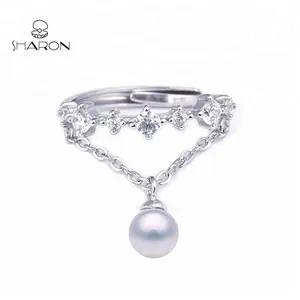 Beautiful Wholesale Women Jewelry Friendship Freshwater Hanging Pearl Sterling Silver Adjustable Ring