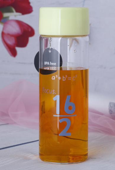 400ML custom printed borosilicate glass water bottle with plastic lid