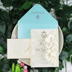 Biglietto d'invito per matrimonio con conchiglia di cavalluccio marino stampabile personalizzato blu chiaro per inviti di compleanno per eventi di nozze estivi