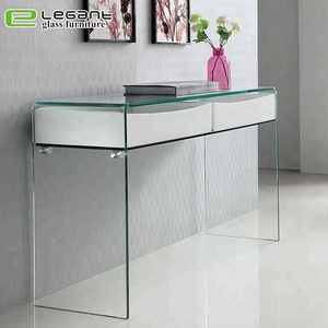 Bent Glass Console <strong>Table</strong> with Glass Shelf and High <strong>Gloss</strong> <strong>White</strong> Painting MDF Drawers - Product Image 1