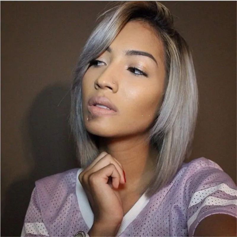 100 percent brazilian virgin short bob straight ombre color 1B/grey full lace front human hair wig with dark black roots