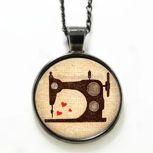 Sewing necklace Vintage Machine Jewelry Seamstress Love to Sew Art necklace Sew print glass necklace