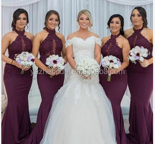 Dark Purple Applique Bridesmaid Gowns - Elegant & Modern