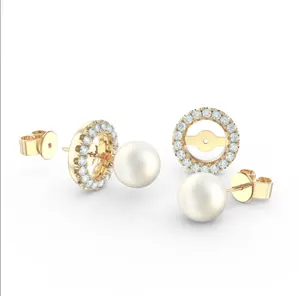 Newest 18K Gold Plated Fashion White Pearls and CZ Stud 925 Sterling Silver Earrings Halo Jacket Set for Girls