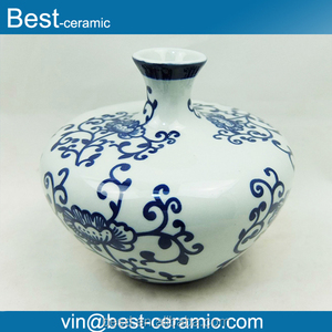 Decoración redonda boca pequeña antigua porcelana <span class=keywords><strong>azul</strong></span> <span class=keywords><strong>y</strong></span> <span class=keywords><strong>blanco</strong></span> Jarrón chino. - Product Image 1