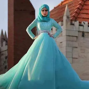 Pakistan Muslin Istanbul Mùa Đông Cao Cổ Ánh Sáng Màu Xanh Da Trời Wedding Dresses