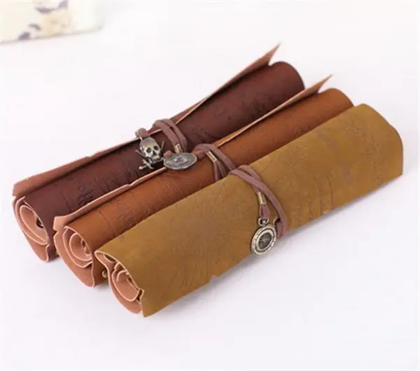 High Quality Retro Vintage Pirate Roll Up PU Leather Pen Pencil Case Treasure Map Kid Party Gift Make up Cosmetic Bag