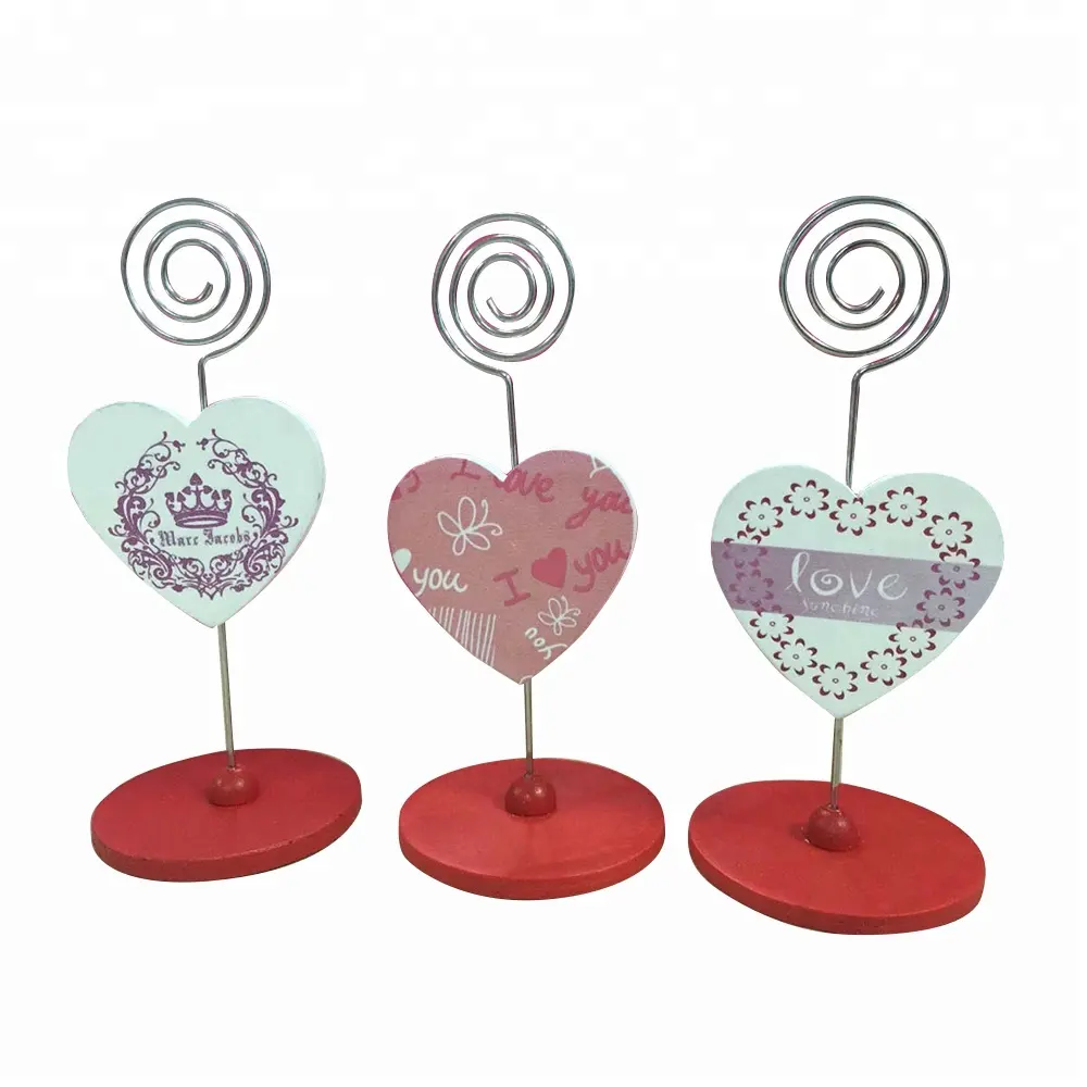 Valentine's day wooden heart shaped decoration card holder with clips and words printing wedding promotion gifts
