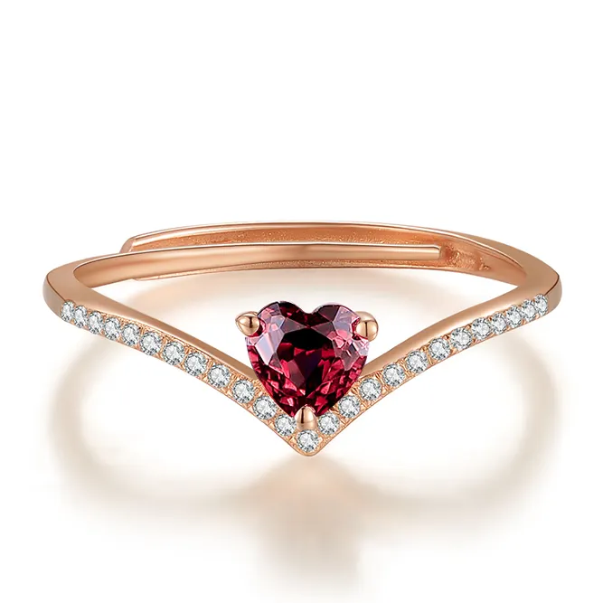 Batu Permata Alami Sederhana Hati Merah Garnet 925 Perak Murni Cincin Perhiasan S925 untuk Wanita RI003