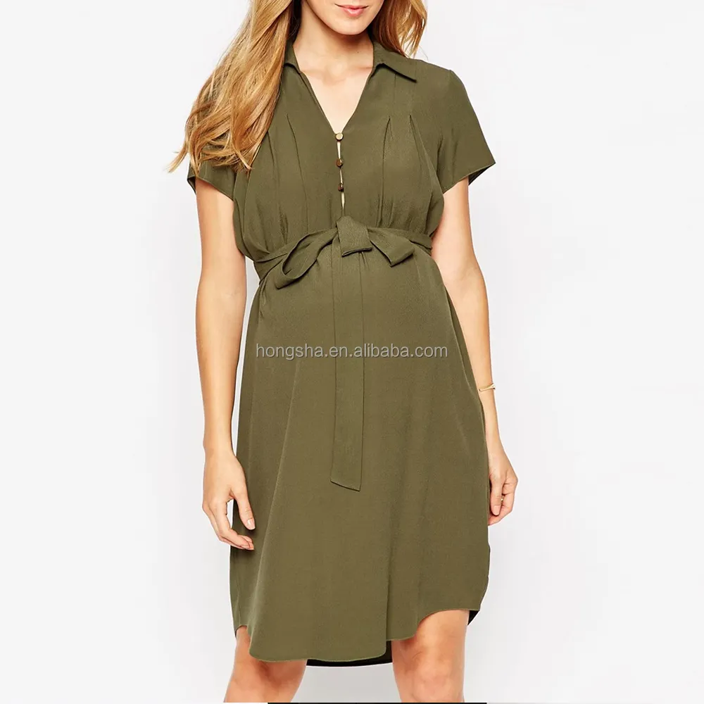 Summer Maternity Clothes Pregnant Women Midi Shirt Dress With Drape Front HSD1249