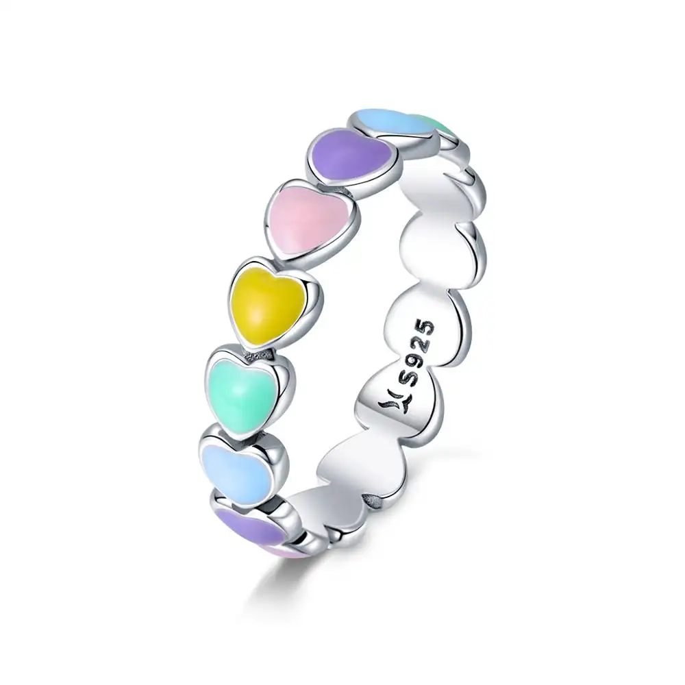 BAGREER SCR444 moda tatlı şeker renk taş aşk kalp charm yuvarlak yüzük gümüş parmak yüzük kızlar için kadınlar takı