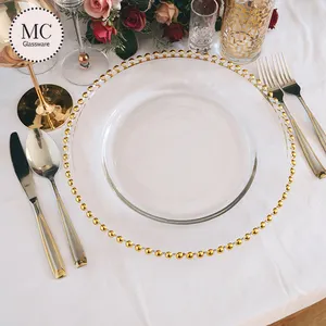 12.6 inch rõ ràng đám cưới vàng tấm kính bán buôn Bạc đính cườm sạc tấm đồ ăn Set cho trang trí đám cưới