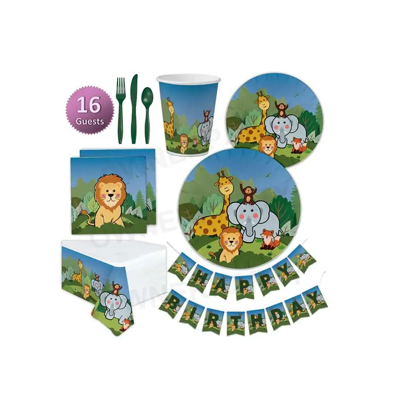 16PC New Products Birthday Party For Kids Tableware Party Set Plate Cup Safari Party Supplies