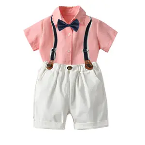 Top Kids Boy Clothes Set Autumn Children Pink Clothing Set Boys Gentleman Suits short Sleeve Bow Tie Shirt+Suspender Trousers
