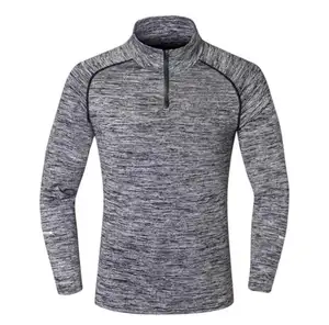 2019 Hot Sale 100% Polyester Cationic Heather Quick Dry 1/4 Quarter Zip Long Sleeve Men T-shirt for Gym Sports