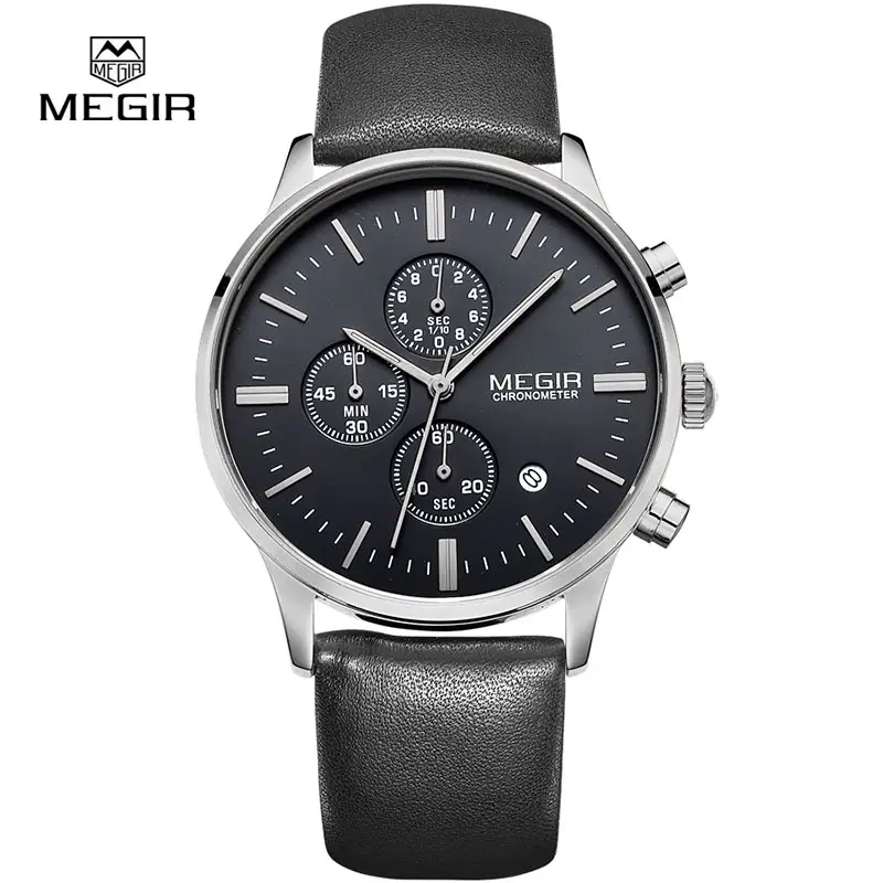 Baru Tanggal Chronograph Pria Wrist Watches Bisnis Jam Jam Kulit Asli Strap Simple Megir 2011 Menonton Kuarsa Pria Mewah