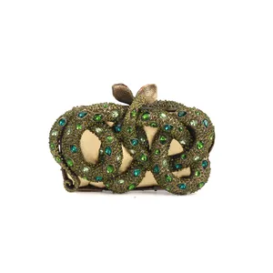 Unique Design Green Animal Snake Shape Woman Lady Crystal Rhinestone Clutch Purse Evening