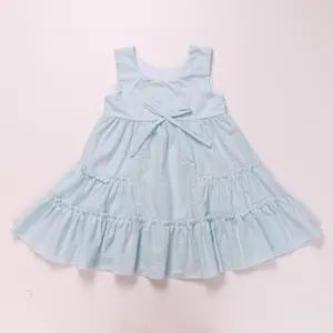 Boutique sweet organic cotton wholesale summer ruffle bow sky blue seersucker baby girls dress cute children frock