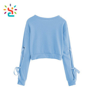 Sudadera Corta de Moda para Mujer, Color Sólido, Manga Larga, con Cordones y Ojales - Product Image 6