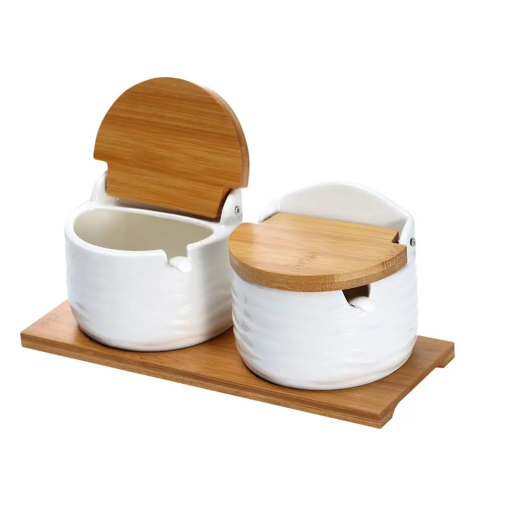 Ceramic Sugar Bowl with Lids and Spoons Porcelain Condiment Container Spice Jar Salt Cellar for Kitchen with bamboo lids