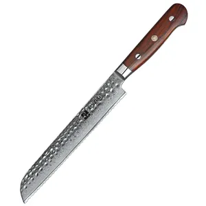 8英寸专业10Cr核心大马士革钢制厨房面包刀，带红木手柄