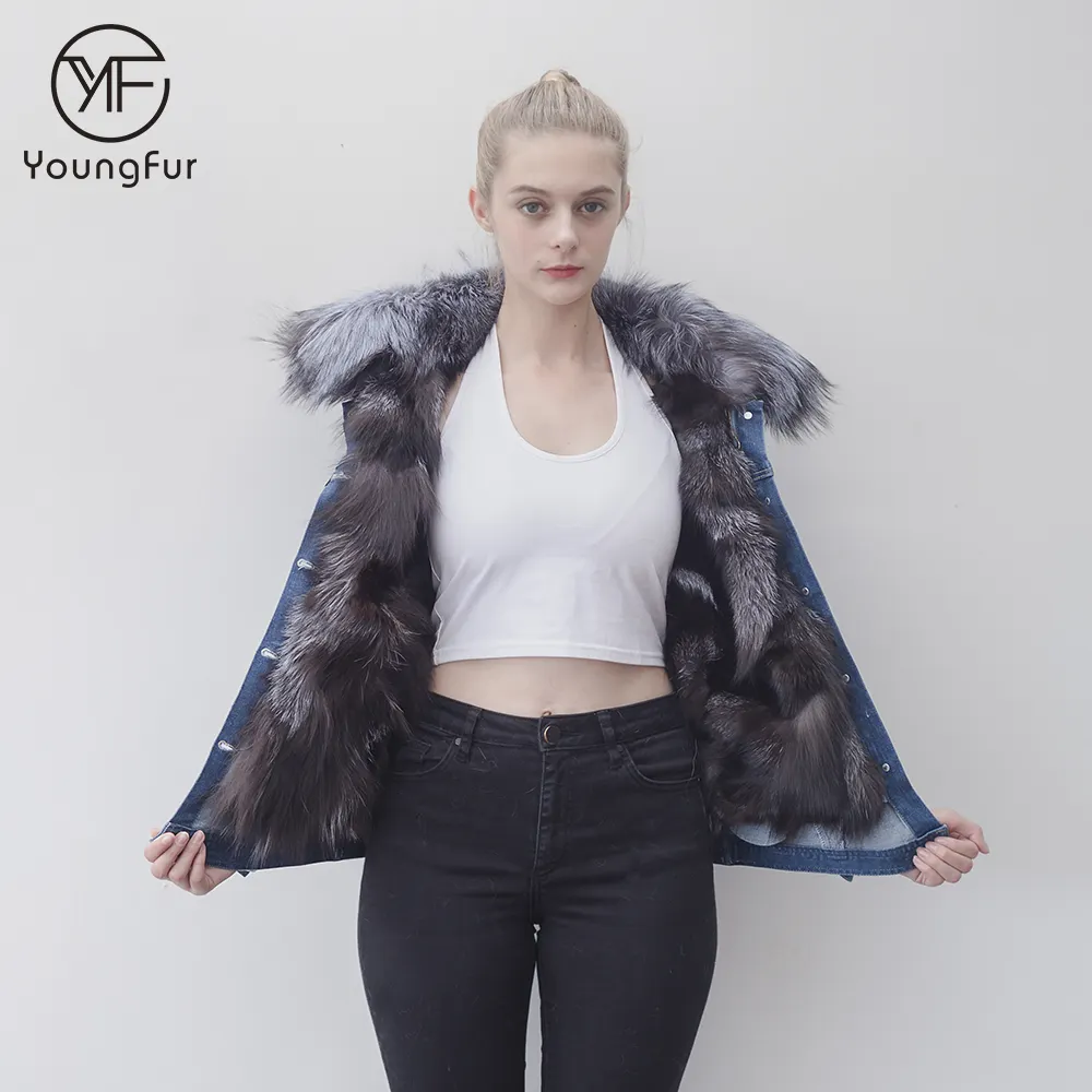 Best selling top fashion winter denim jacket with fur collar and silver fox fur liner