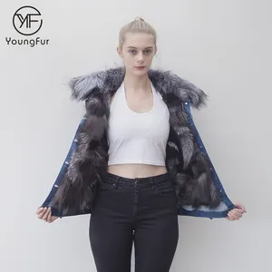 Mejor venta de moda de invierno de chaqueta de denim con cuello de piel y de plata de la piel de fox del trazador de líneas