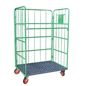 Chariot de rangement pliable en acier, palette à mailles frontale ouverte à trois côtés, cage roulante de aspect breloque TC4632