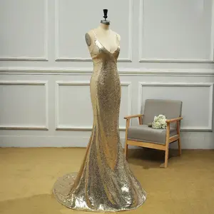 Altın Sequins spagetti kayışı V boyun balık kuyruğu bayanlar akşam elbise sıcak satış özel durum elbise