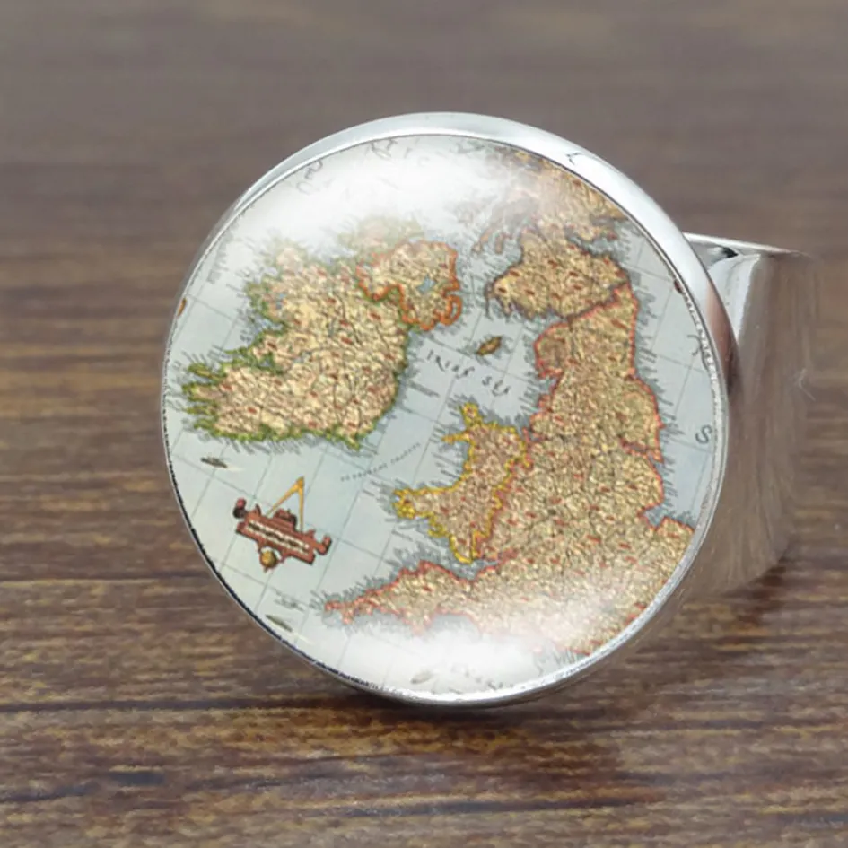 Fashion Vintage Globe Aarde Wereldkaart Kunst Glazen Koepel Ring