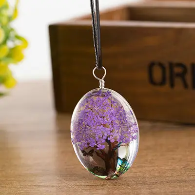 Collier ovale en verre avec fleur sèche en cristal, multicolore, cadeau pour petite amie