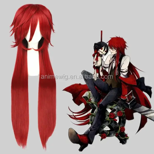 High Quality 100cm Long Straight Dark Red Black Butler Grell Wig Cosplay Synthetic Anime Heat Resistant Hair Wig