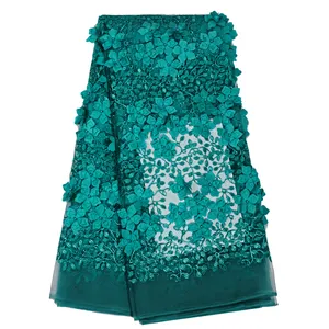 Bestway Teal lace fabric with beads 5 yards 3d embroidered lace fabrics wholesale price