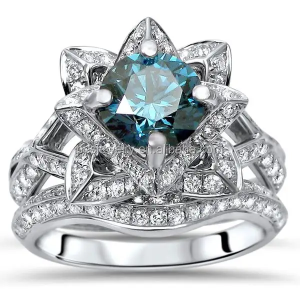 عبوة مجوهرات الأزياء! الأزرق الياقوت جولة الماس اللوتس زهرة 2-قطعة الزفاف تكويم خواتم مجموعة