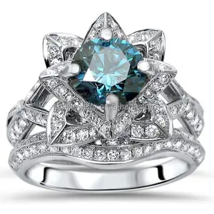 PES Fashion Jewelry! Blue Sapphire Round Diamond Lotus Flower 2-piece Bridal Stackable Rings Set