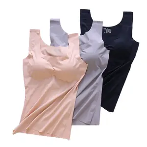 6000 mulheres de Uma Peça Sem Fio de Seda Gelo Seamless Yoga Camisole Invisível Do Tanque Sem Mangas Tops Slimming Vest Com Almofadas Removíveis