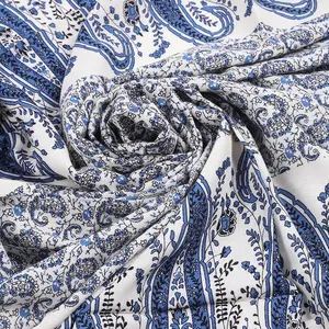 定制图案靛蓝蓝色风格编织人造丝活性印花 Challie 面料窗帘
