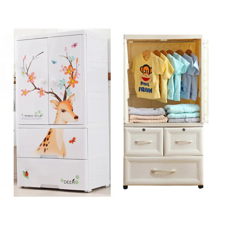 baby plastic clothes storage drawers with wheels 2 open door 3 layer wardrobe