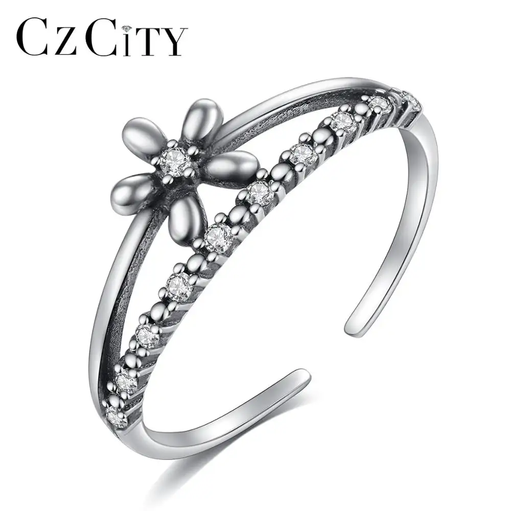 CZCITY puro 925 Sterling Silver regolabile anelli donne chiaro <span class=keywords><strong>zircone</strong></span> antico anello di fidanzamento fiore
