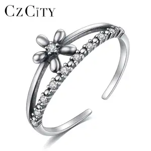 CZCITY — bague ajustable en argent Sterling 925 pour femme, anneau de fiançailles Antique en Zircon clair, fleur de fiançailles