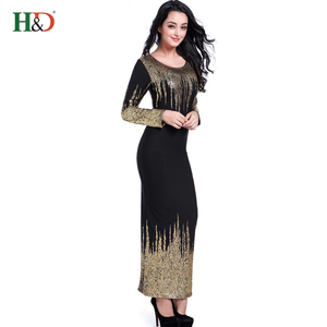 H & D china fabricante oem odm fábrica amarillo lentejuelas manga larga vestido último diseño de falda larga - Product Image 1
