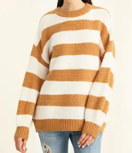 Sweater Wanita Pullover Bergaris Putih Oranye Leher Crew Musim Dingin 2018 Pabrikan OEM ODM