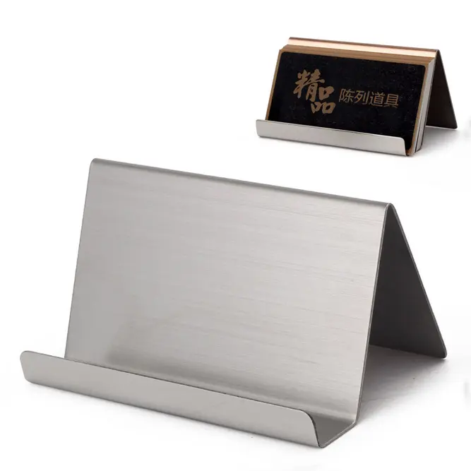Customized office stainless steel business card holder desktop metal base L display stand