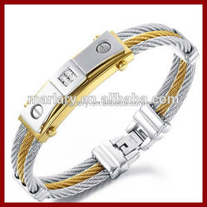 Mens Logo gravé en <span class=keywords><strong>or</strong></span> <span class=keywords><strong>18</strong></span> <span class=keywords><strong>carats</strong></span> plaqué en acier inoxydable câble de fil de brassard Bracelet - Product Image 1