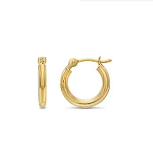 14k黄金经典小闪闪发亮的抛光2毫米管圆形耳环